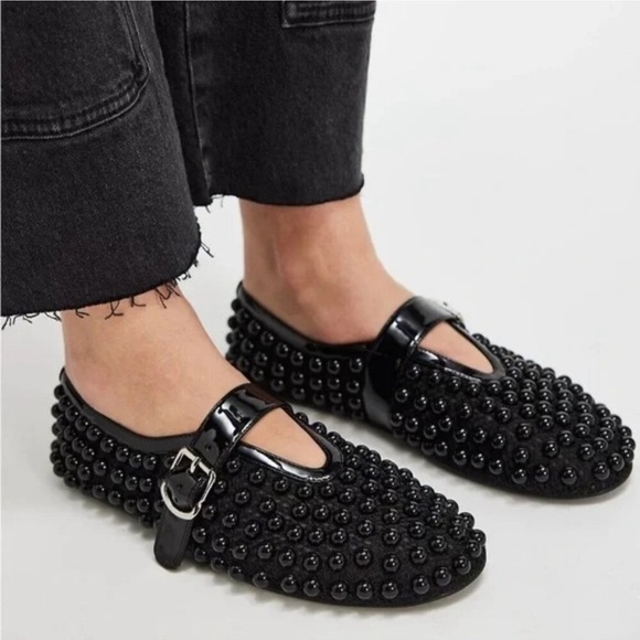 New Jeffrey Campbell Trennel Mary Jane Beaded Ballet Flat Strap Studded Black 8 - Picture 1 of 14